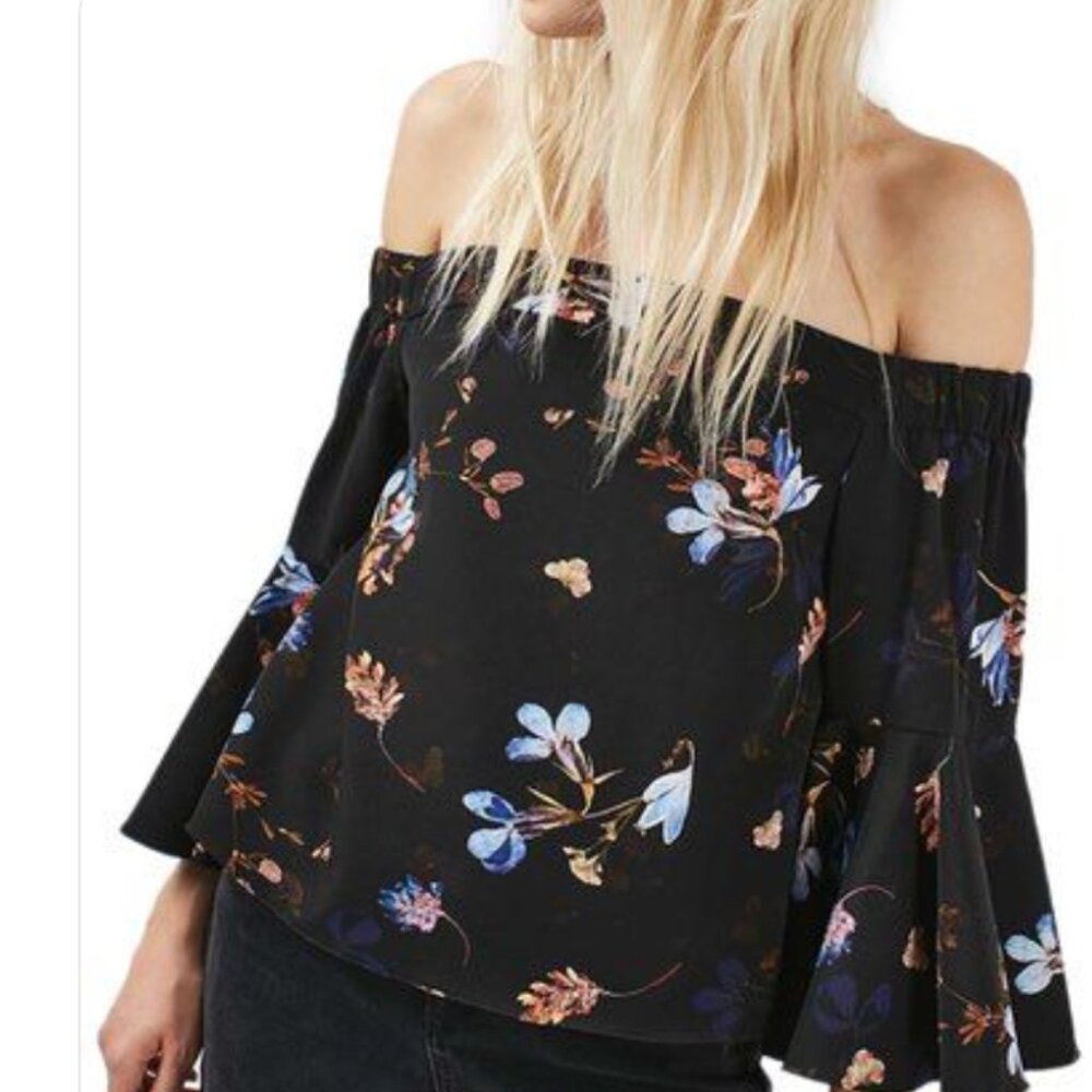 Topshop Ella Bardot Off the Shoulder Bell Sleeve Black Floral Blouse Size 2